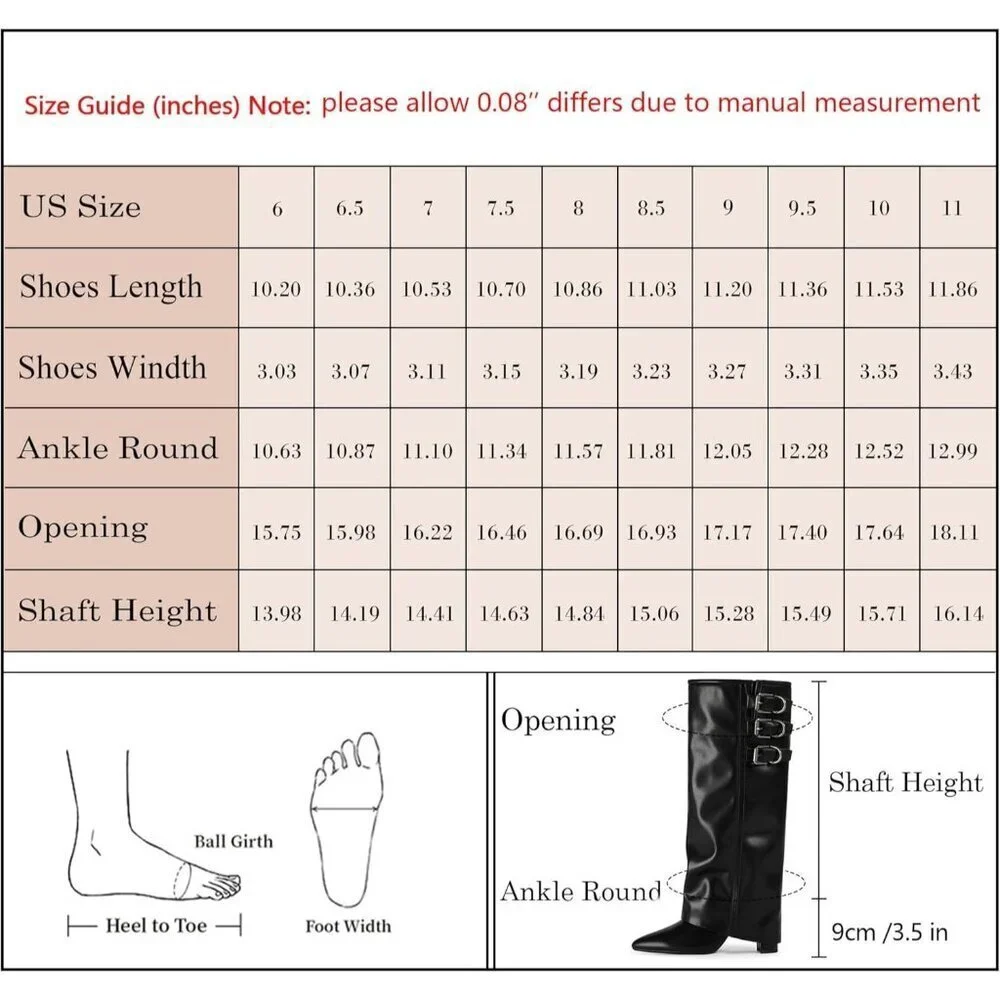 Women Black-buckle Faux Leather Fold Over Knee High Chunky High Heels Boot
